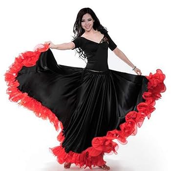 社交ダンス　スカート　フリル　和柄　花柄　フラメンコ　黒赤　ロング丈　ファルダ 社交ダンス スカート フリル 和柄 花柄 フラメンコ 黒赤 ロング